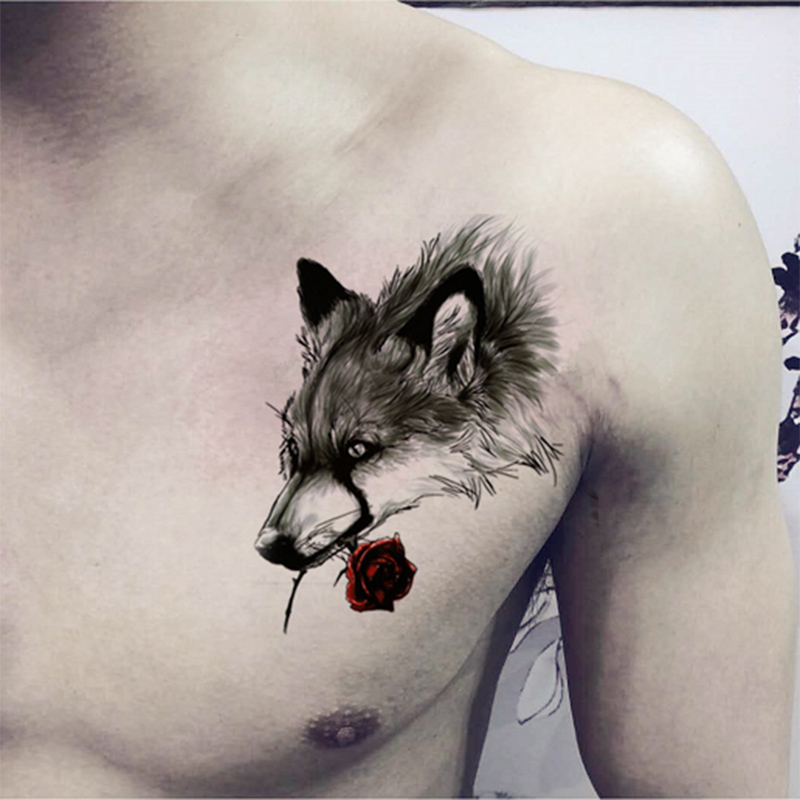 HM1234 Temporary Tattoo Sticker Of Wolf With Rose