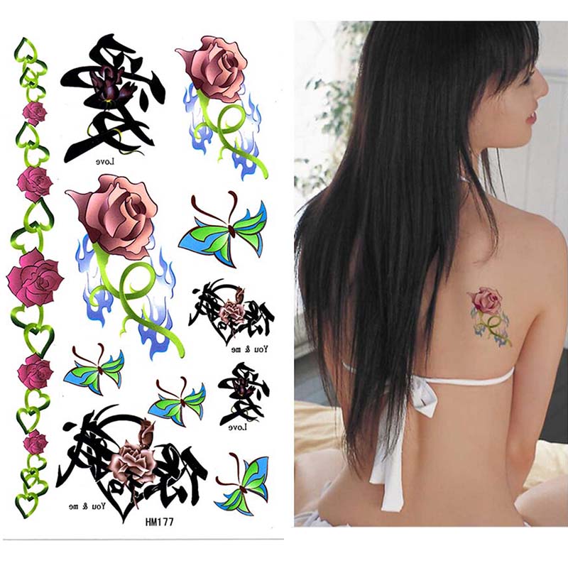 HM177 Waterproof Love flower butterfly temporary tattoo sticker for girl
