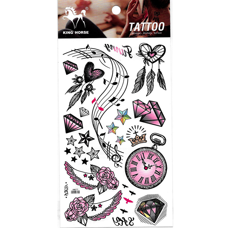 HM877 Music symbol diamond heart shaped dream catcher pentagram clock rose wings tattoo stickers